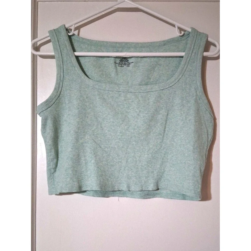 Jockey Cropped Ribbed Tank Top Heather Mint Green Square Neck Large